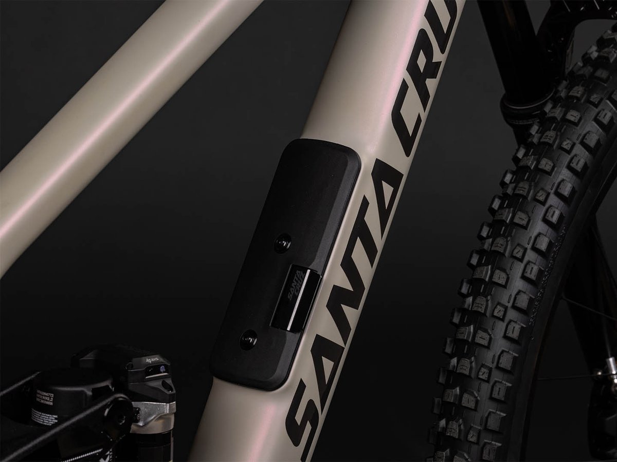 Detail of a Santa Cruz-branded  glovebox compartment on Tallboy down tube.
