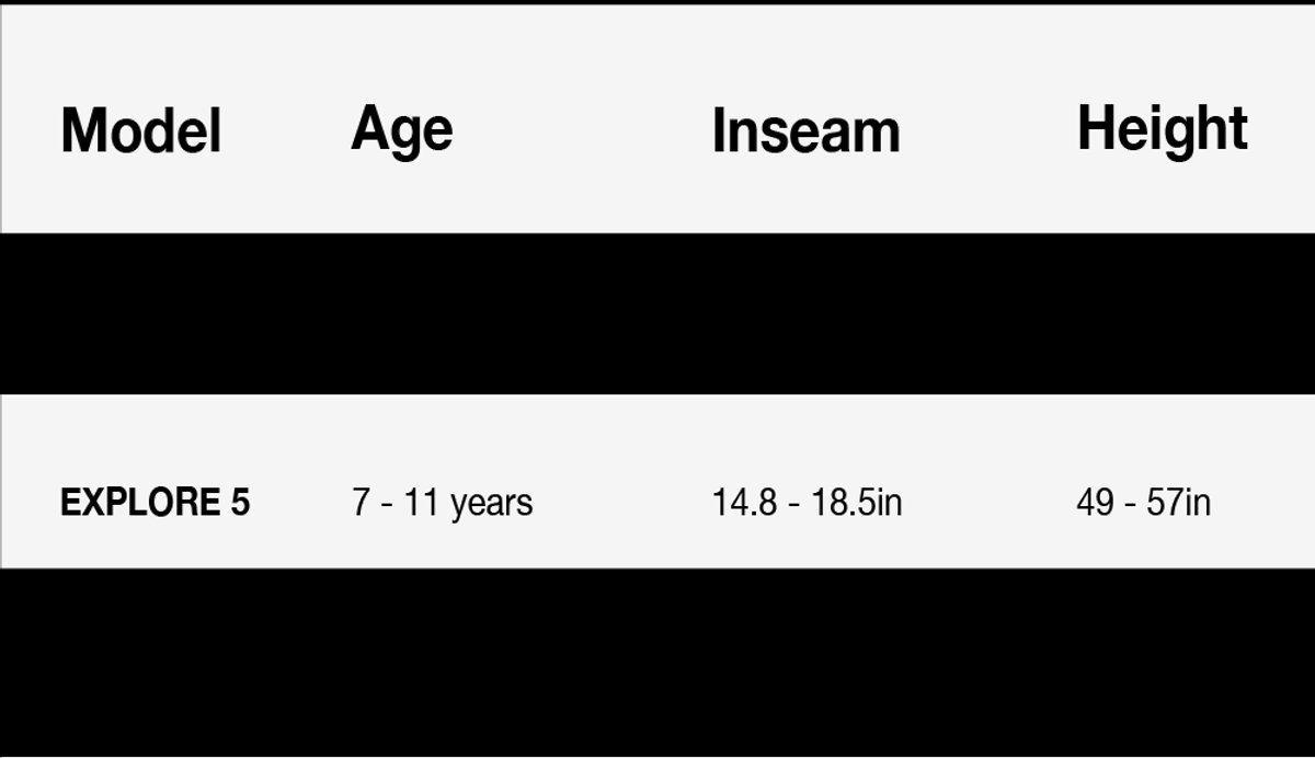 Size chart for Woom explore 4, 5, and 6 models.