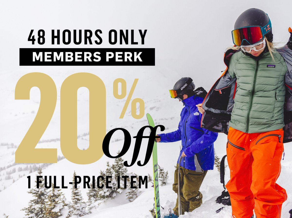 A promotional lockup reads, “Members Perk. 20% off 1 full-price item”.