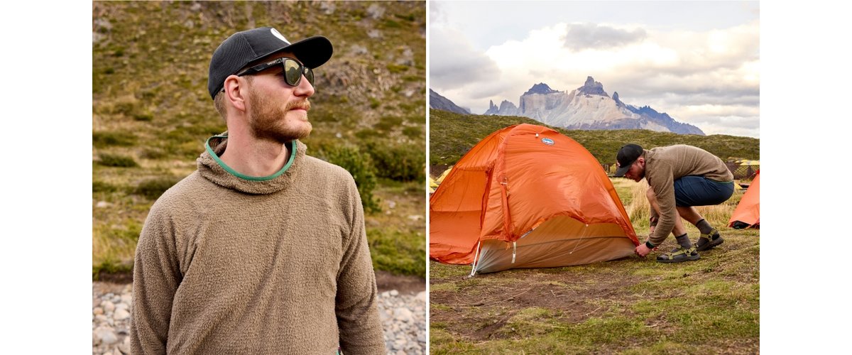 A man wearing a brown Highliner Fleece Hoodie and a black cap stands outdoors on rocky, grassy terrain. In a side-by-side image, the same man is  crouched down, setting up an orange tent in a hilly landscape with green grass and distant jagged mountains under a cloudy sky.
