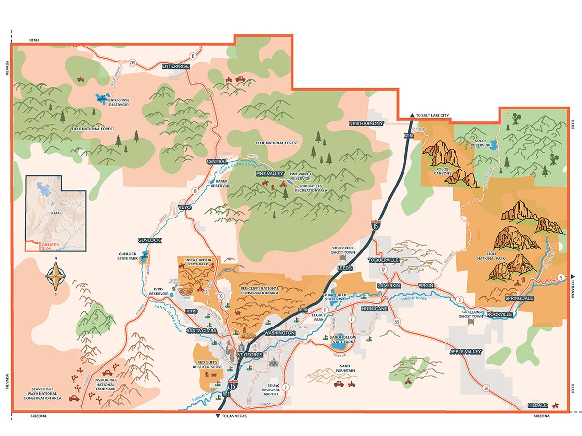 Illustrated regional map of the Zion area showing national forests, parks, reservoirs, state parks, and conservation areas across southwestern Utah, with label…Illustrated regional map of the Zion area showing national forests, parks, reservoirs, state parks, and conservation areas across southwestern Utah, with labeled roads, towns, and illustrated terrain features.
