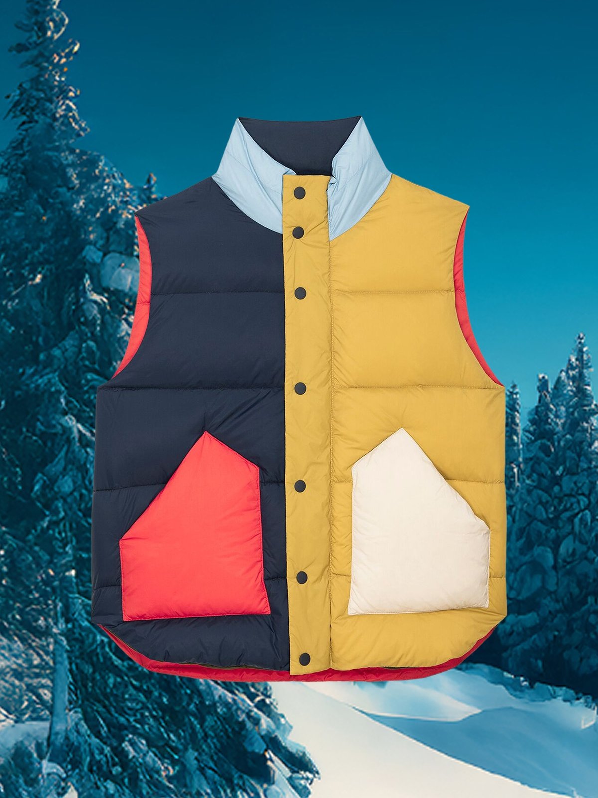 The Great Outdoors down vest with eclectic colorblocking.