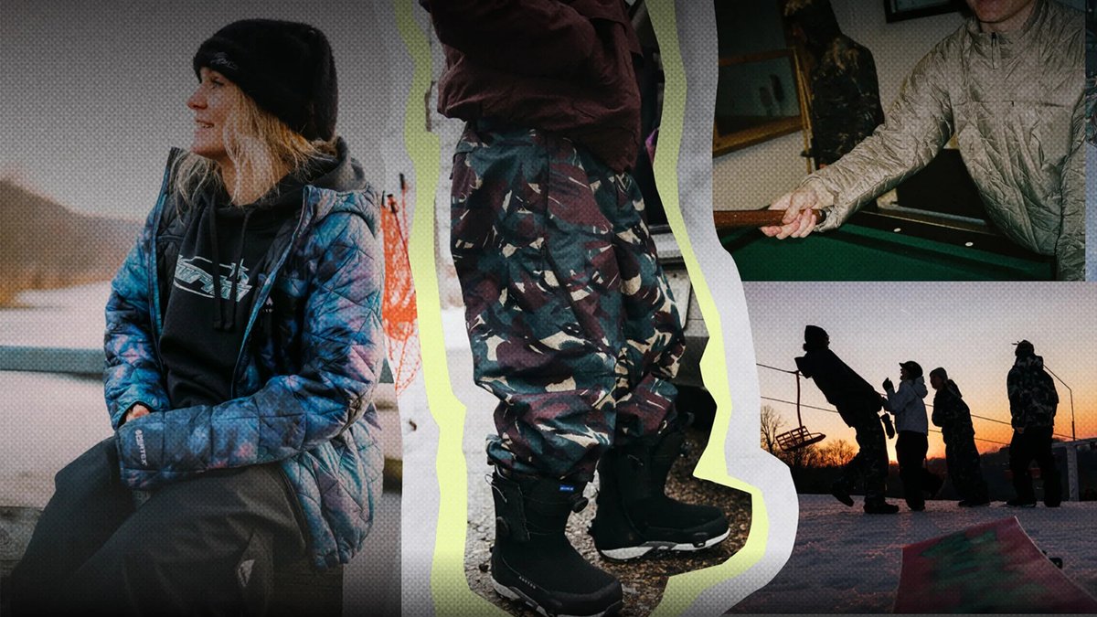 A collage piece, where a woman wears a Burton Reserve jacket and another woman wears Burton Reserve pants.