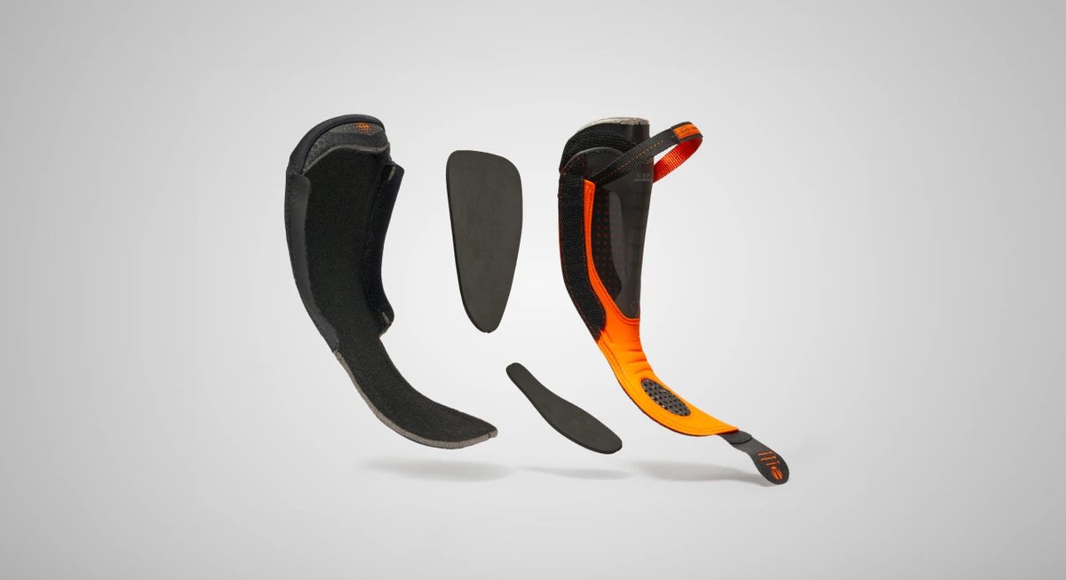 Exploded view of Tecnica Mach1 ski boot liner showing internal padding pieces
