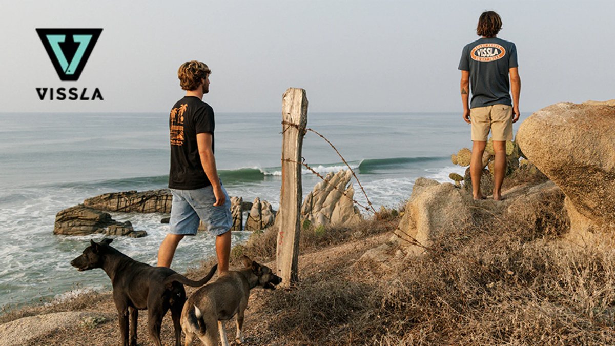 Two young men wearing VISSLA brand apparel stand on rocky coastal cliffs with two dogs, overlooking ocean waves and a sandy beach.