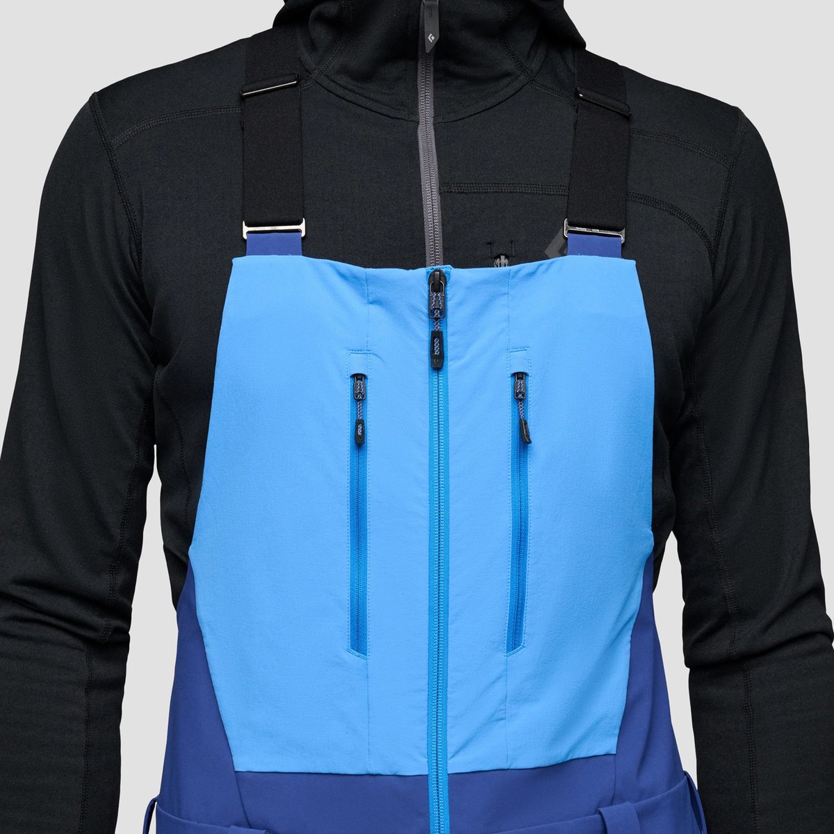 A closeup of the fabric on the Black Diamond Recon Bib, highlighting its wind and water resistance.