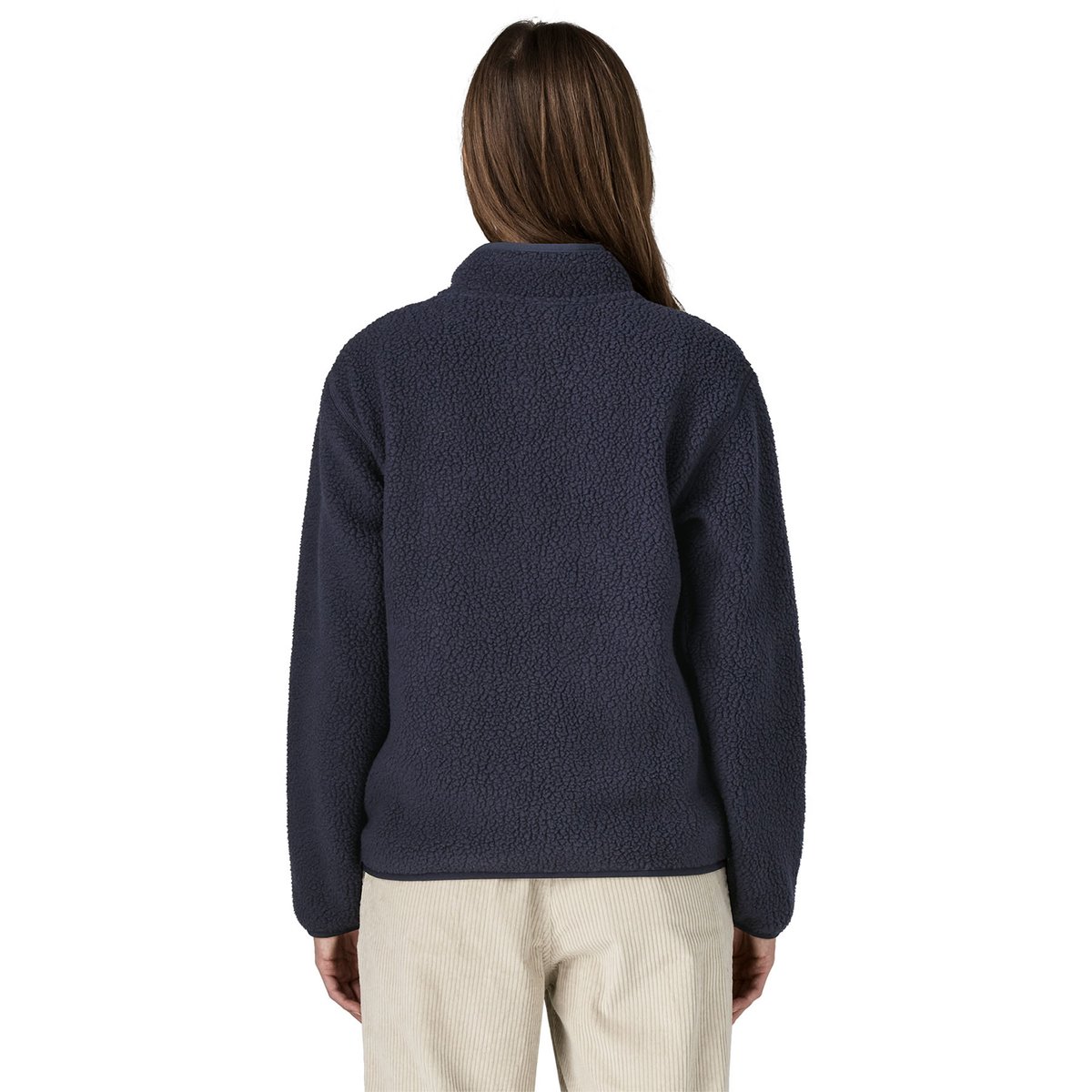 A view from the back of a woman wearing the Retro Pile Marsupial Pullover