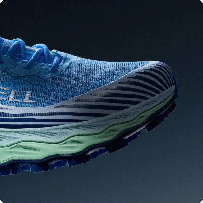 Side profile of the toe section of Merrel Agility Peak 6 trail shoe. 