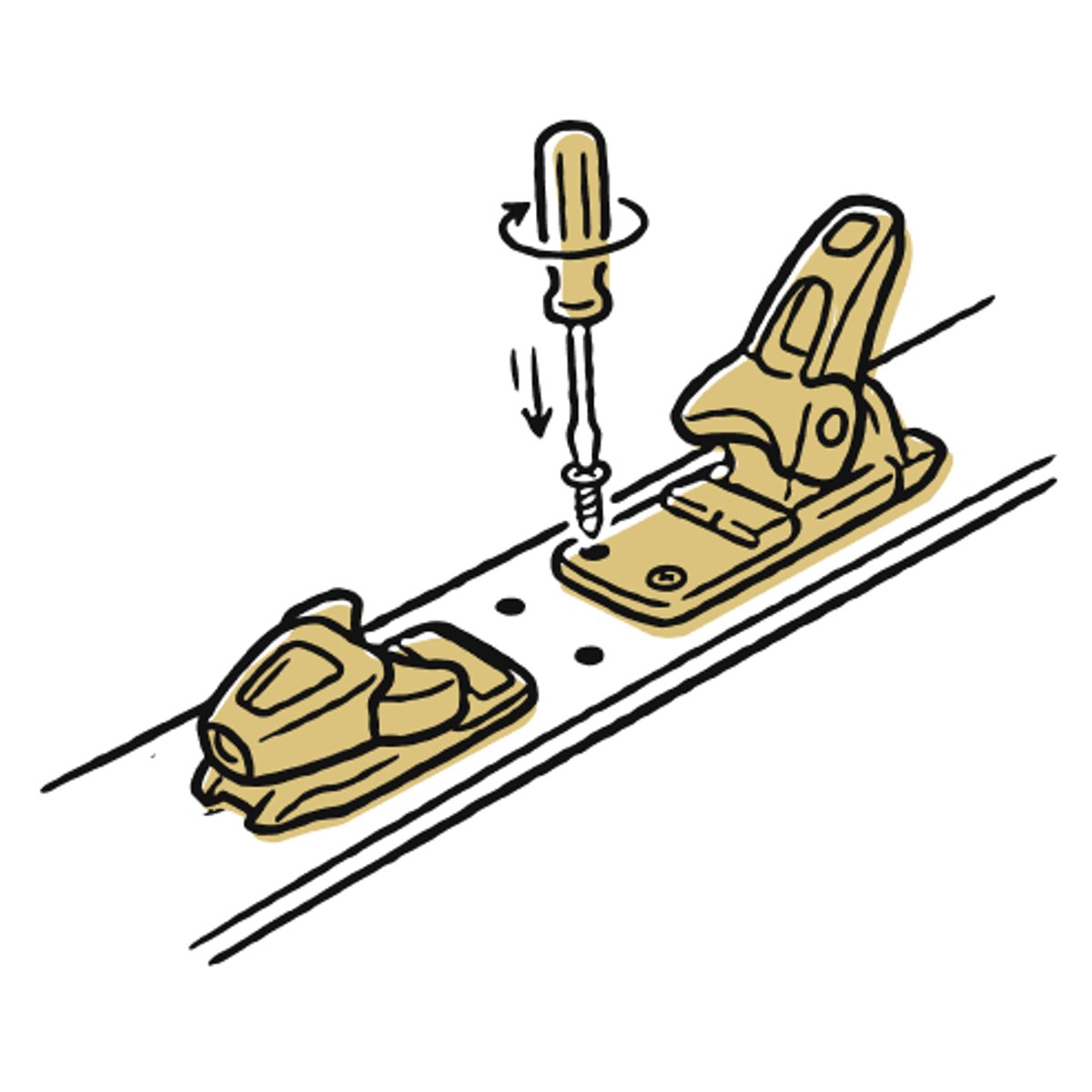 Illustration of a ski binding being mounted on a ski, with a screwdriver driving a screw into the heel piece.