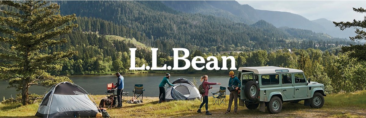 The L.L.Bean logo is centered over a scene of people camping with tents and an SUV by a lake.