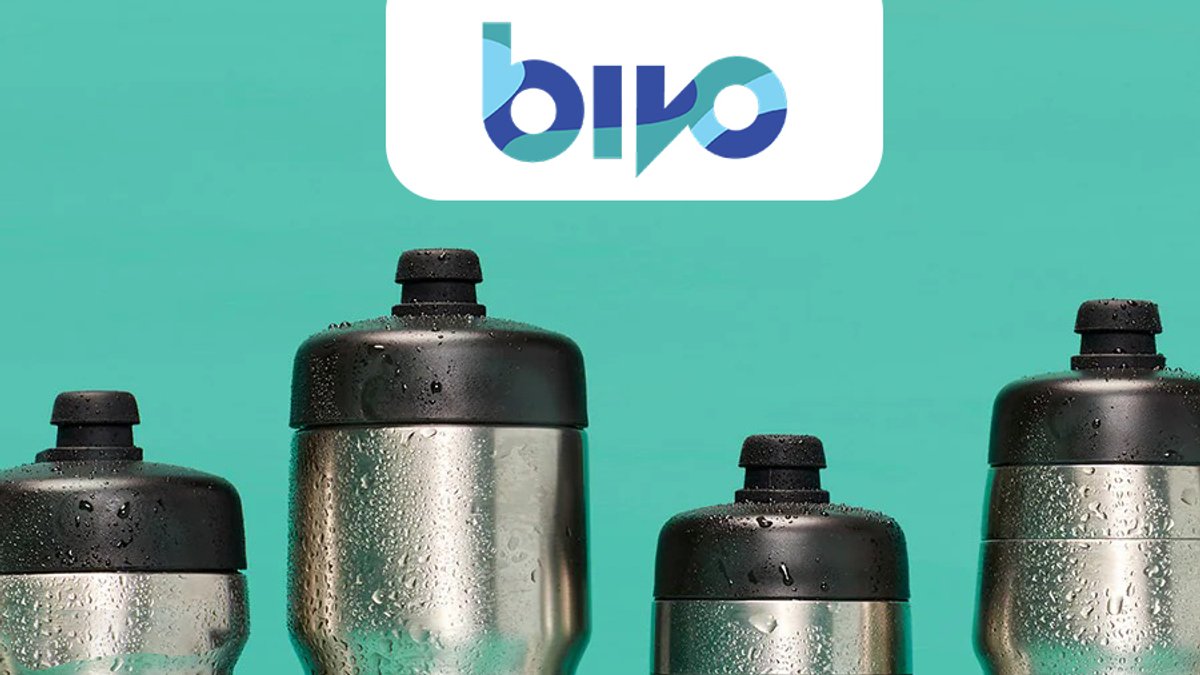 Stainless steel Bivo water bottles with black caps displayed against a turquoise background featuring the Bivo brand logo.