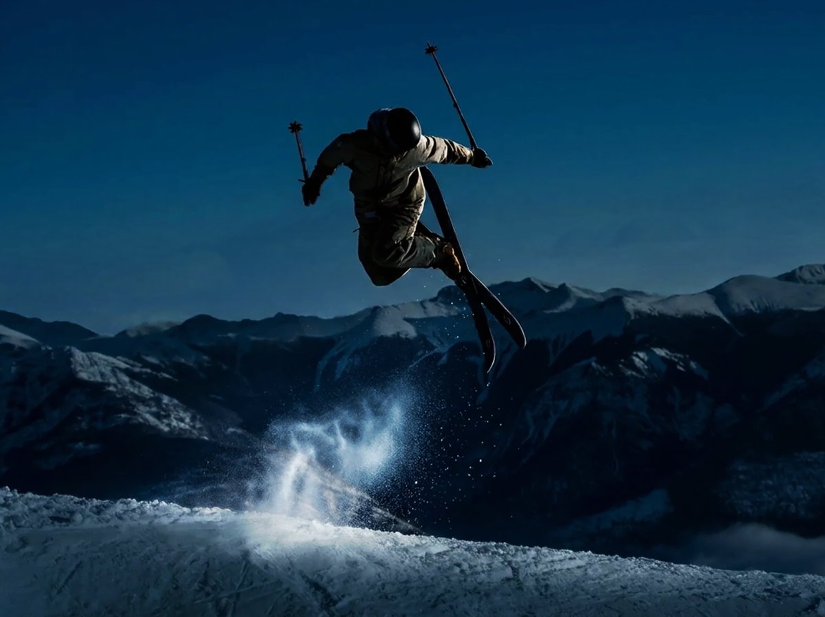 A skier does a trick. Snow is illuminated under them.
