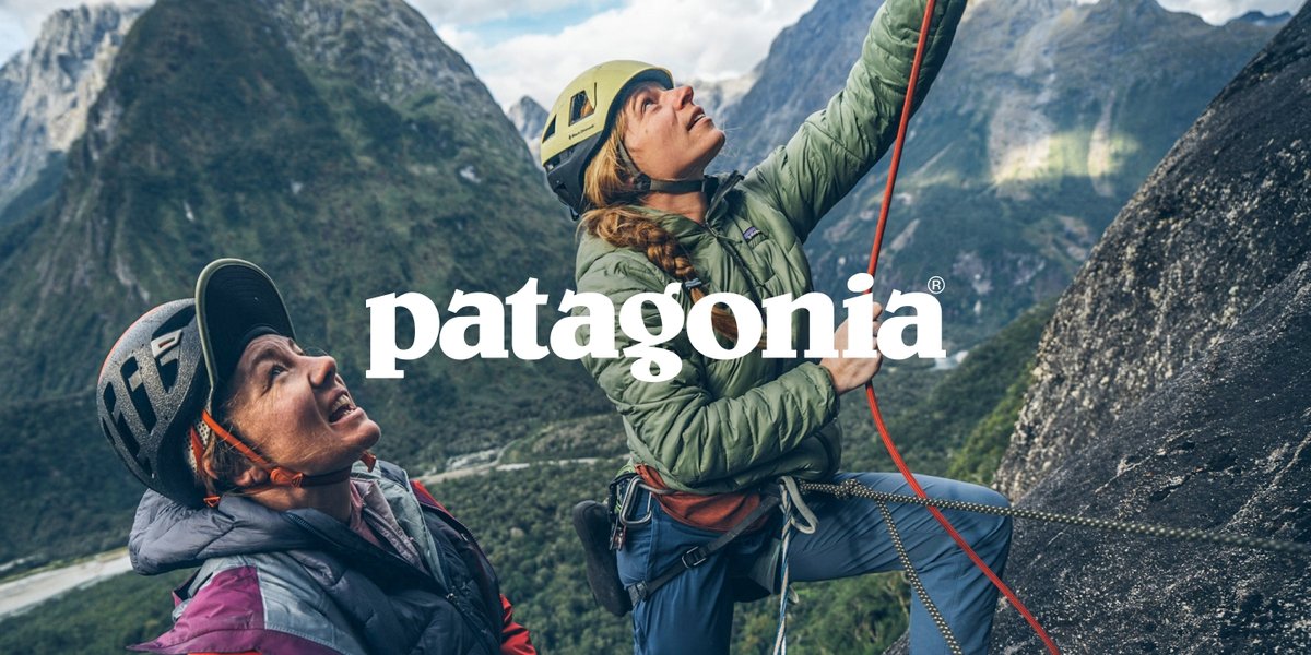 Two rock climbers scale a mountain with the white "patagonia" logo written over the center of the image.