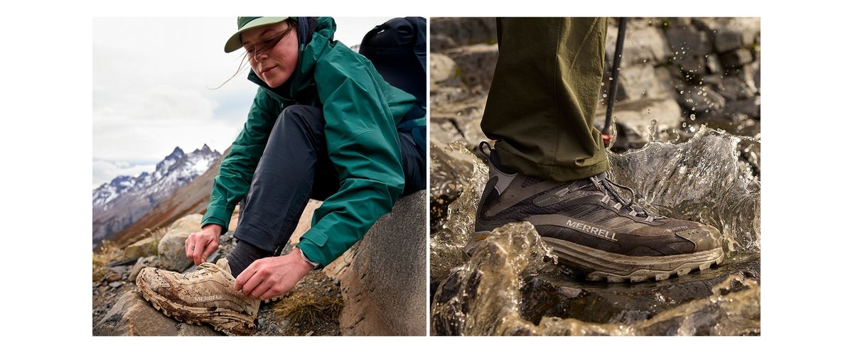 Two images of appear side by side. The first shows a hiker tying their shoes. The second is a close up shot of Merrell hiking shoes splashing in water.