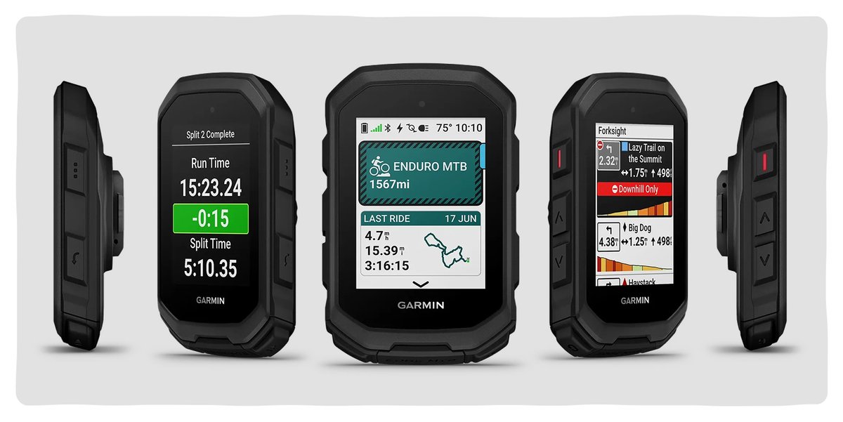 Five views of a Garmin bike computer: both sides with three buttons each and three screen views: a ride overview, a sprint timer, and a trail overview.