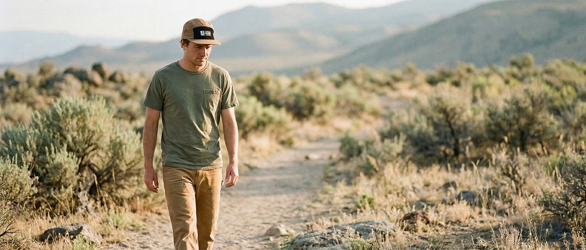 Young man walking down a dirt path in high alpine desert wearing Colatree Workwear hat.
