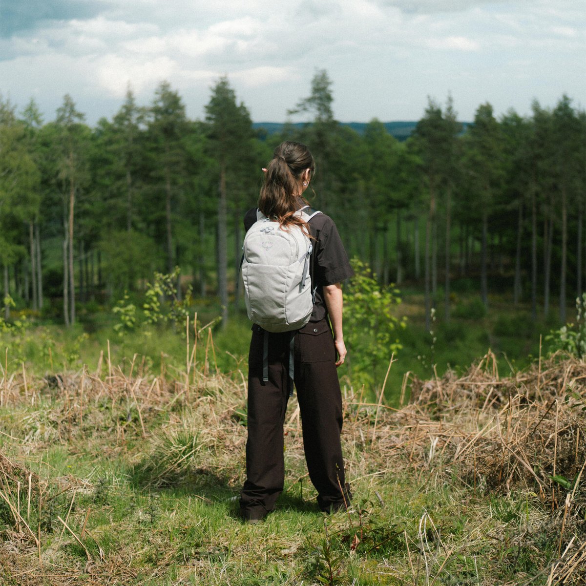 A person stands outside, looking out at a forest, with an Osprey Daylite pack on their back. 