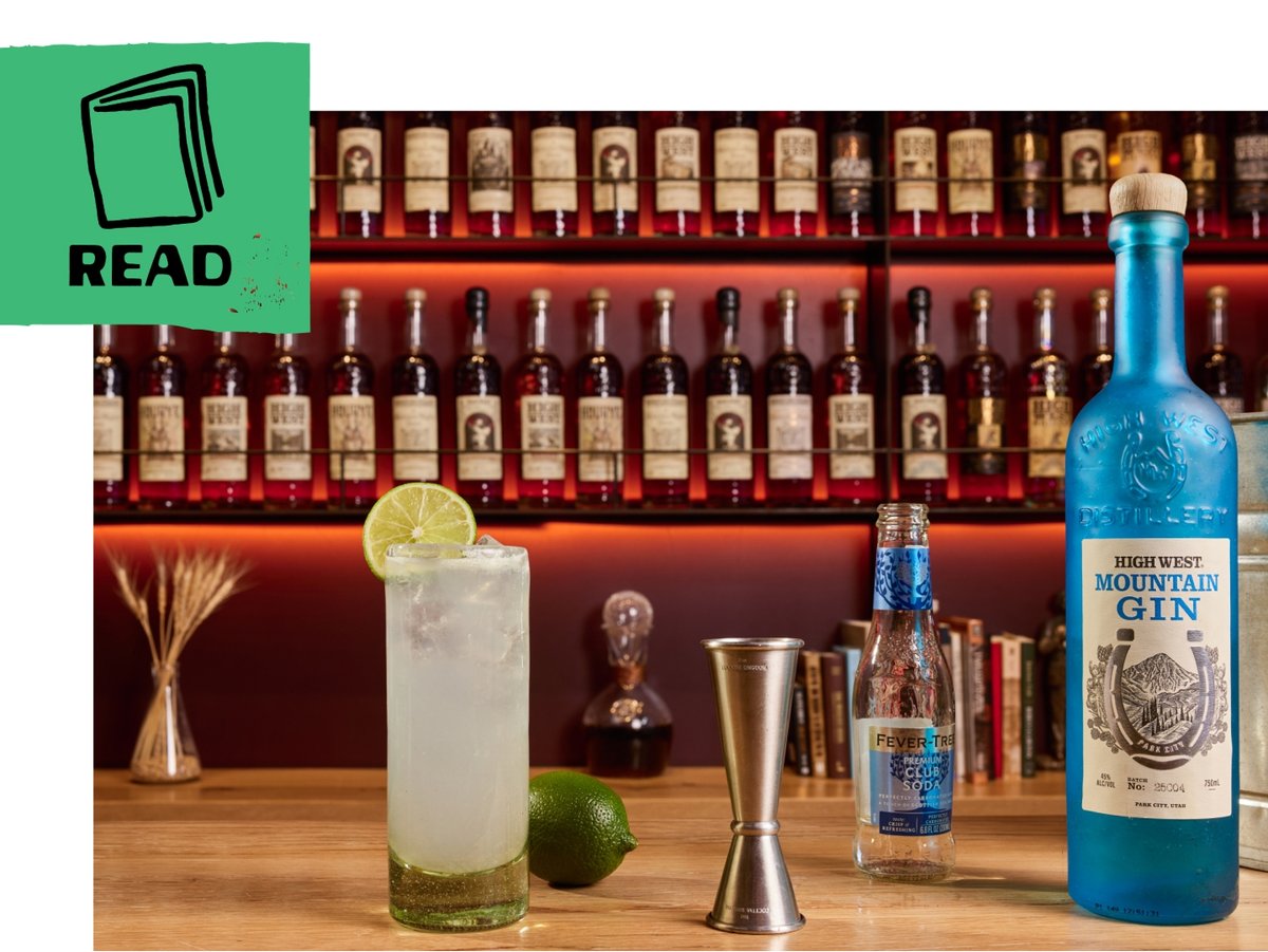 A bar countertop displays a tall glass filled with a hazy green gin rickey cocktail, topped with ice and a lime wheel, sits beside a whole lime and a silver jigger.