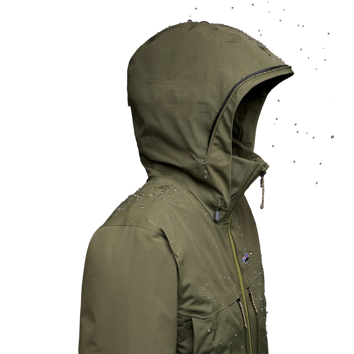 A side view of the Patagonia Swiftcurrent jacket, showing the rain gutter on the hood. 