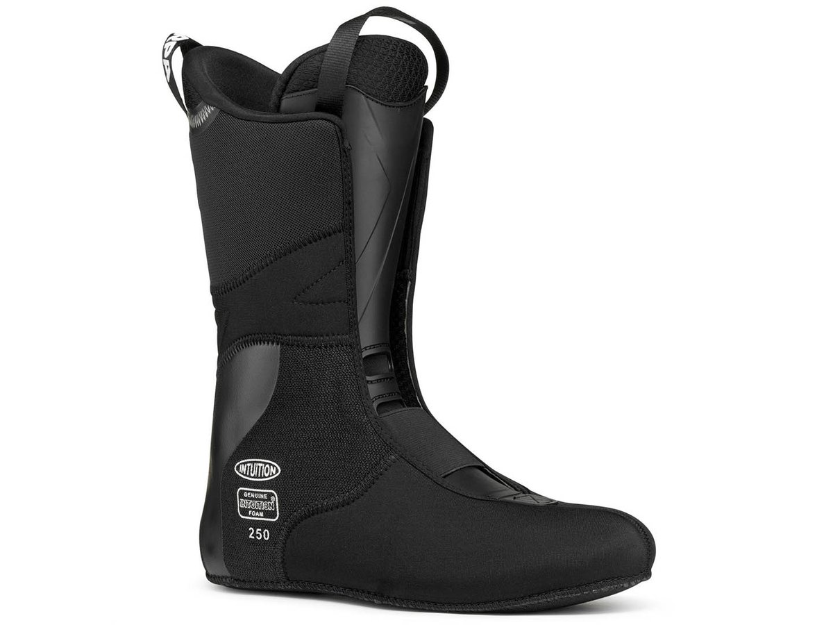 SCARPA F1 RS Intuition FS Tour liner removed from boot showing full profile with Intuition and Genuine Intuition Foam branding at ankle