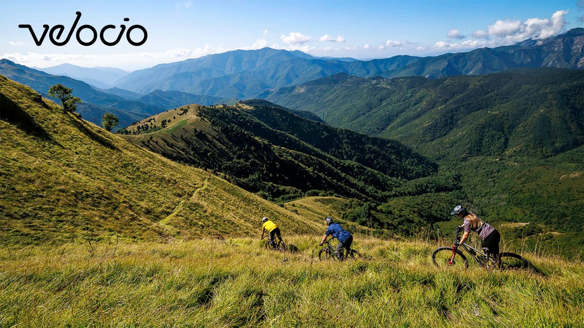 Three Velocio cyclists ride gravel bikes through rolling alpine meadows with forested mountains in the background under clear blue sky.