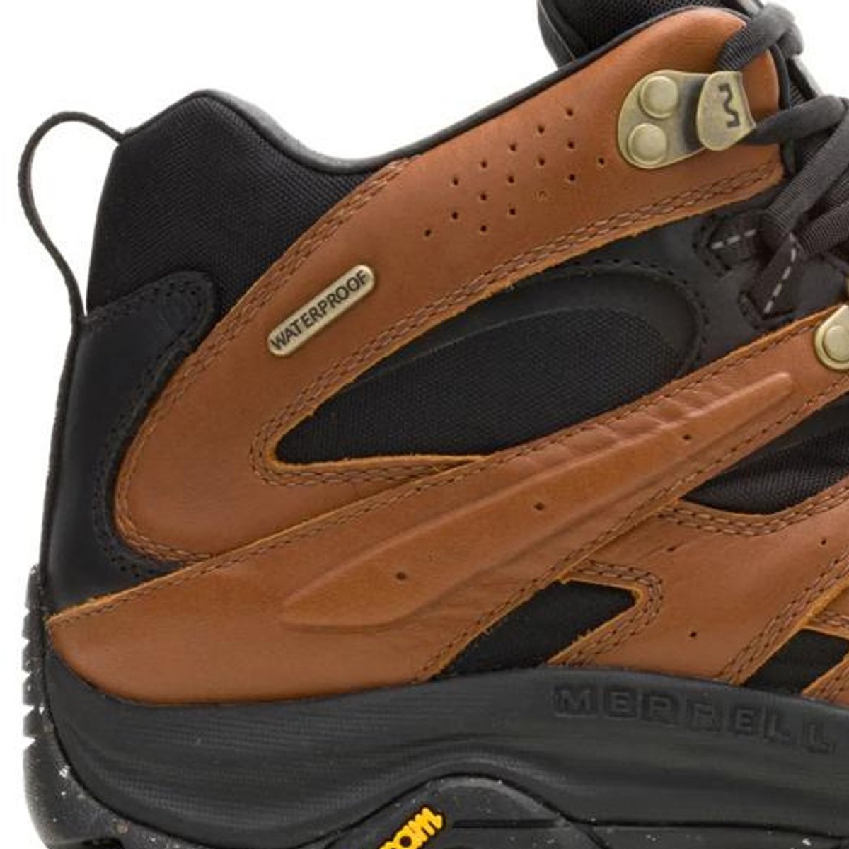 Close-up of the side of Merrell hiking shoe, showing leather waterproof upper.