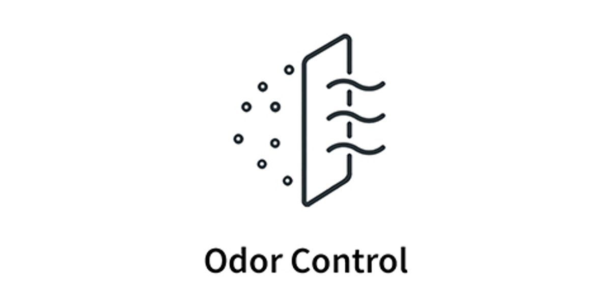 Icon graphic for odor control showing VOC smelly molecules being absorbed by fabric.
