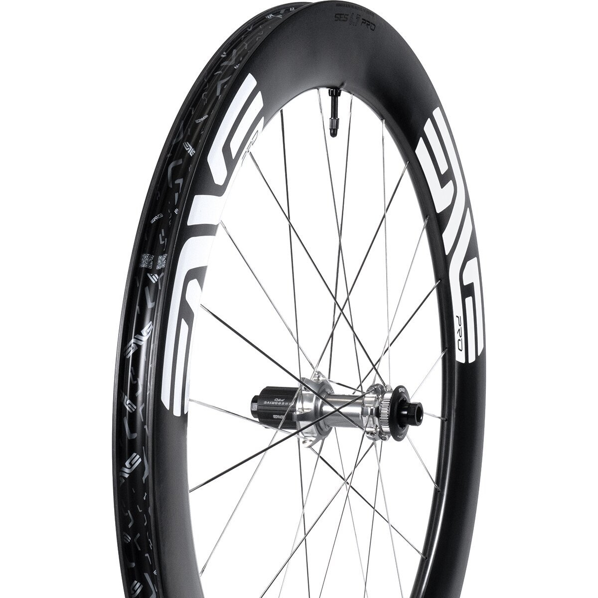 Three-quarter view of ENVE SES 6.7 PRO wheel in black and white, showing rim depth and hub.