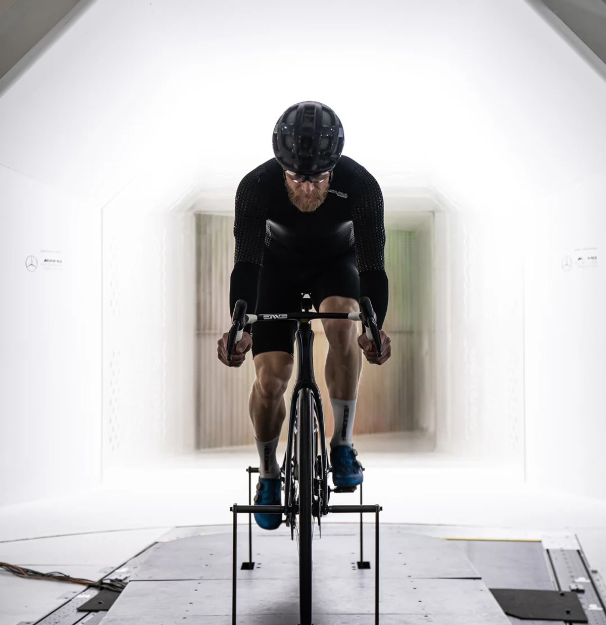 Rider in wind tunnel.