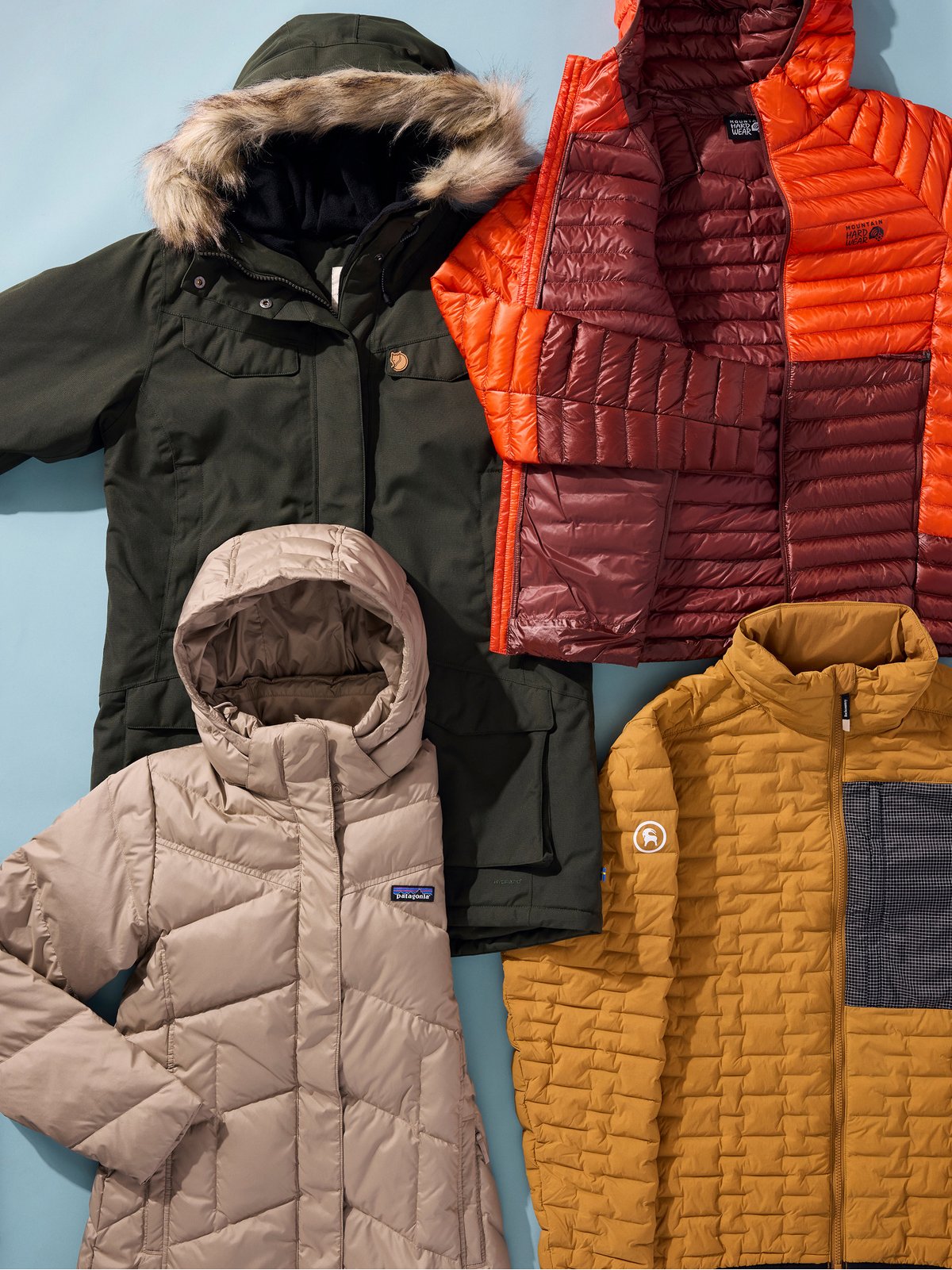 Four winter jackets with different baffle patterns.