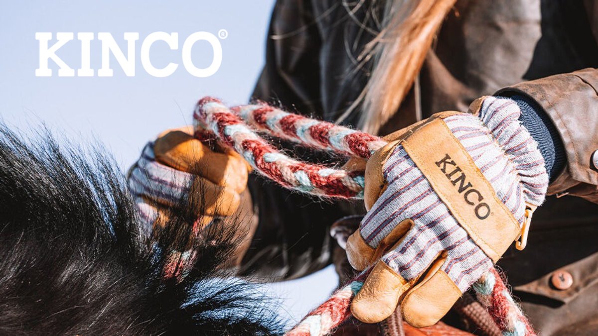 Person wearing tan Kinco work gloves rides a horse.