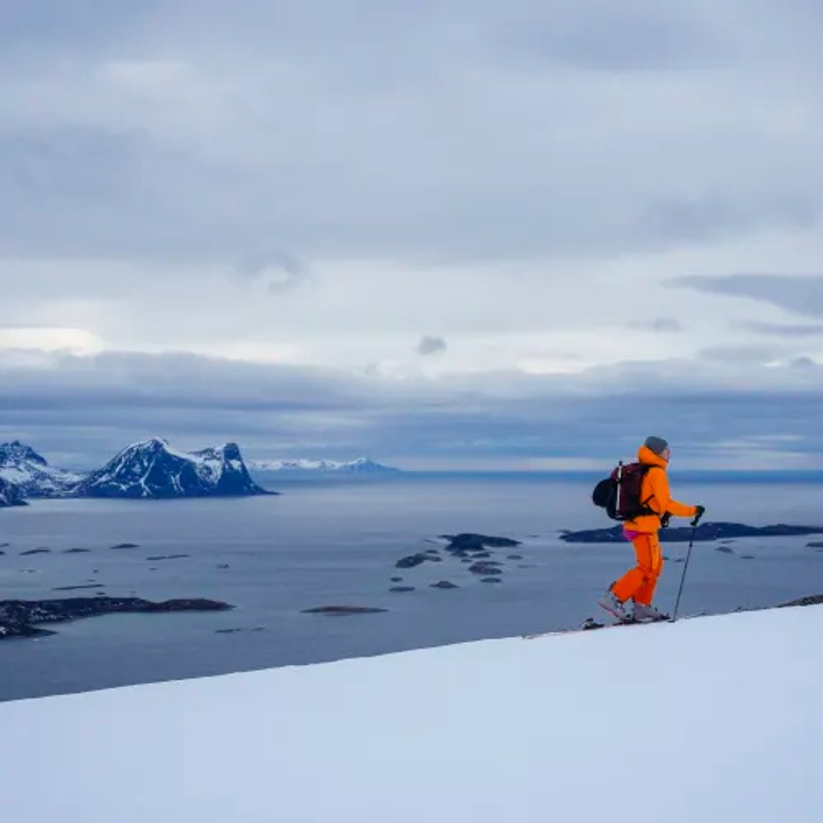 A skier in a bright orange jacket stands on a snow-covered mountain peak overlooking a frozen Arctic landscape with snow-capped peaks and icy fjords.