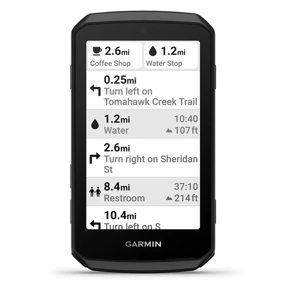 A view of the Garmin Edge 1060 screen, showing points of interest and step-by-step route directions.