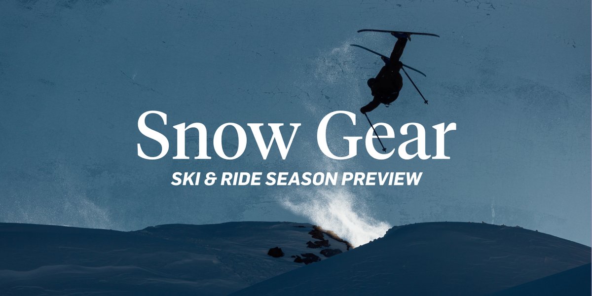 Skier catches big air silhouetted against a steel-blue winter sky. Text reads: Snow Gear – Ski & Ride Season Preview.