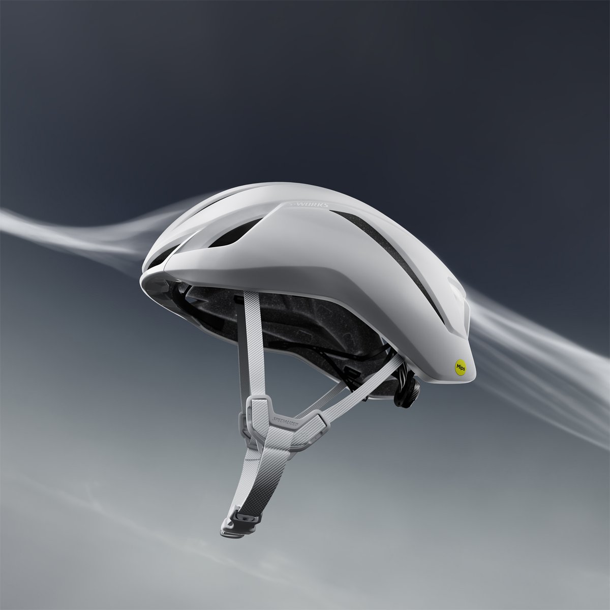 An shot of the Specialized Evade from the side, with line lines going over it. 