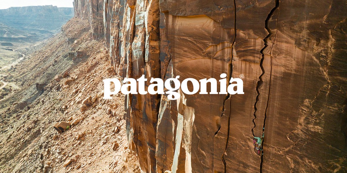 A person swings on a rope near a large cliff face. The word, “patagonia” is over the cliff.