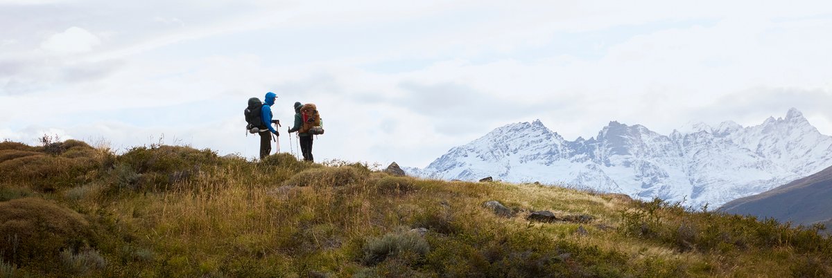 Some backpackers on a grassy hill with snowy mountains in the distance.