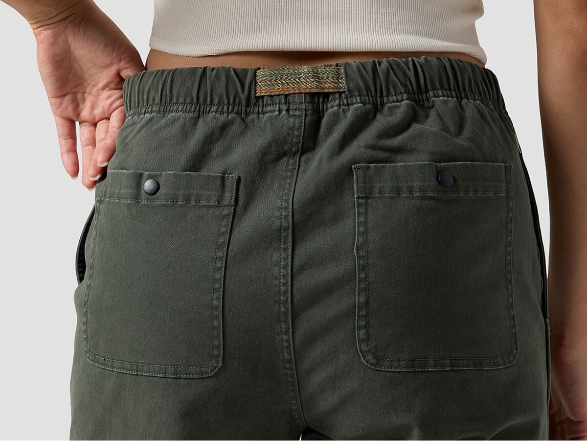 Close-up of elastic waistband on green pants.