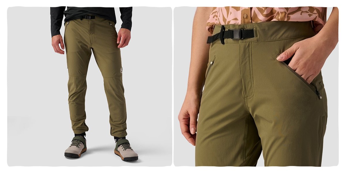 A man and woman side by side wearing mountain biking pants.