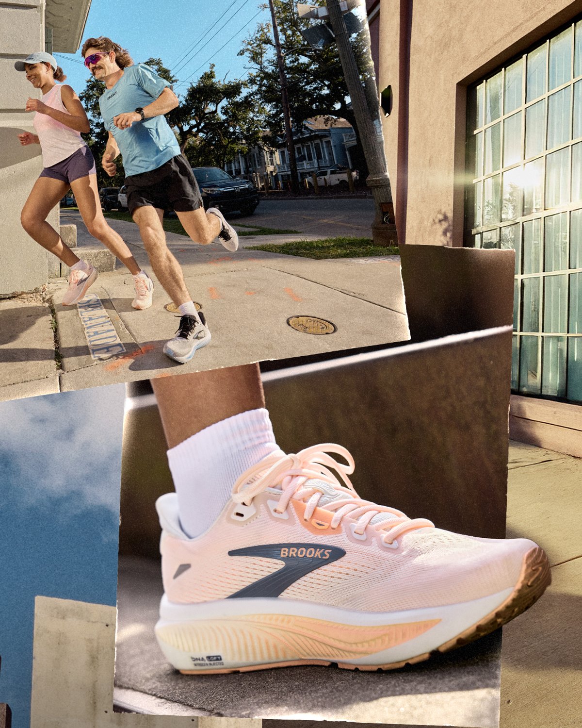 An image collage showing a couple running wearing Brooks Ghost 18 runnning shoe and close-up of a pink shoe