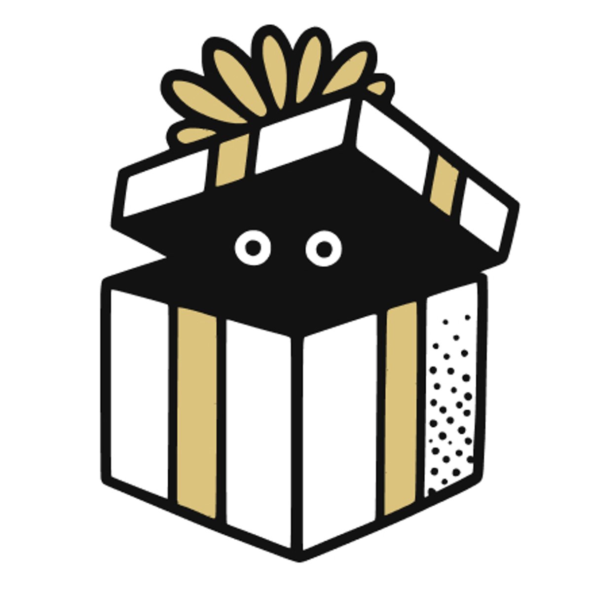 Illustration of an open gift box with a gold bow and a pair of eyes peering out from inside.