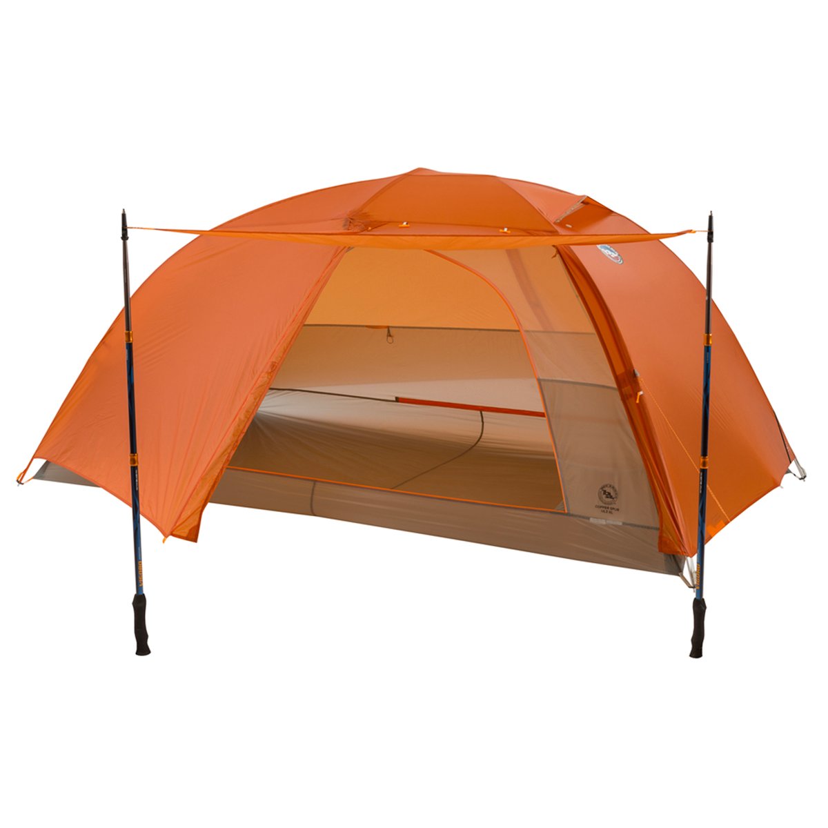 A closeup of the Copper Spur's awning option, held up with 2 hiking poles.