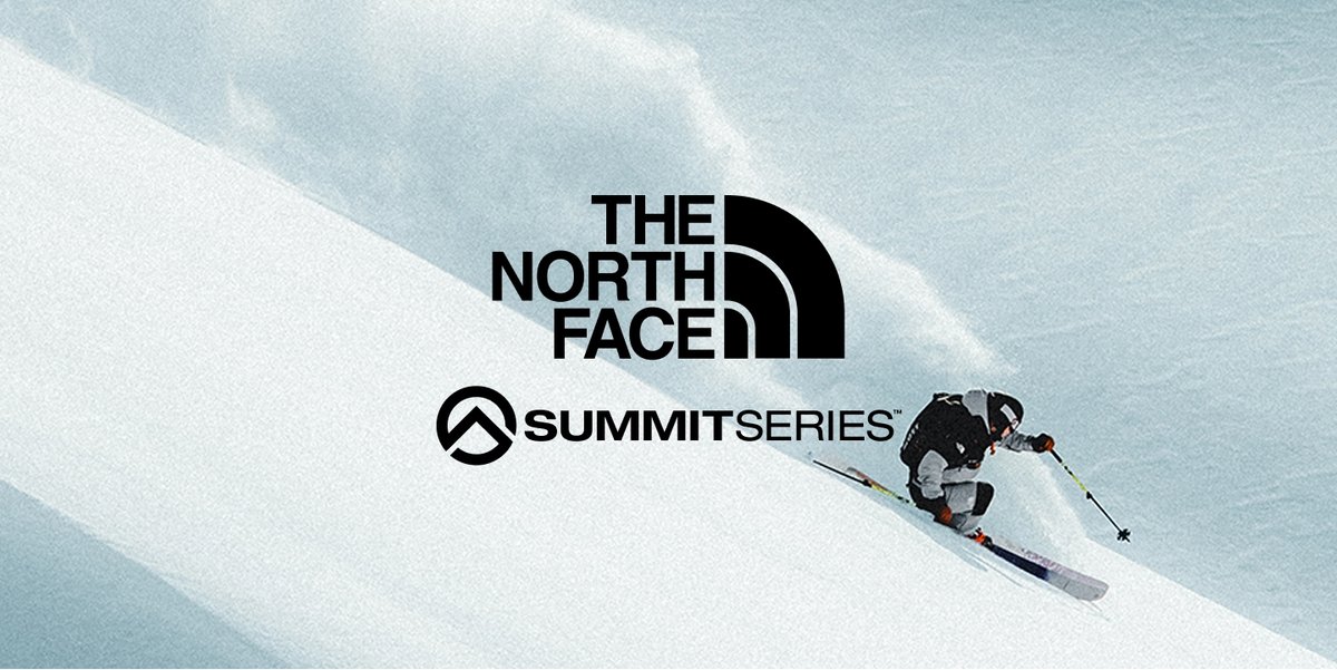 A skier in black gear descends a snowy slope with The North Face Summit Series logo overlaid.