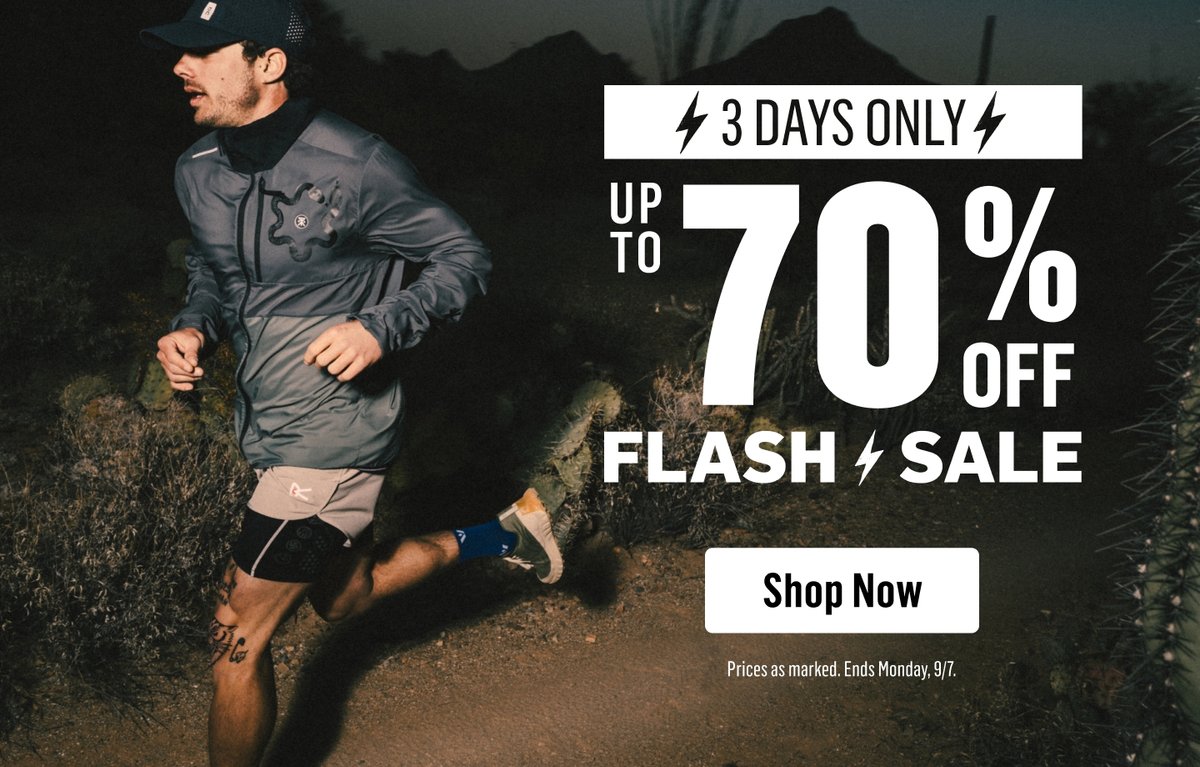 A man runs at night. Promotional text reads “3 days only, up to 70% off. Flash sale!”