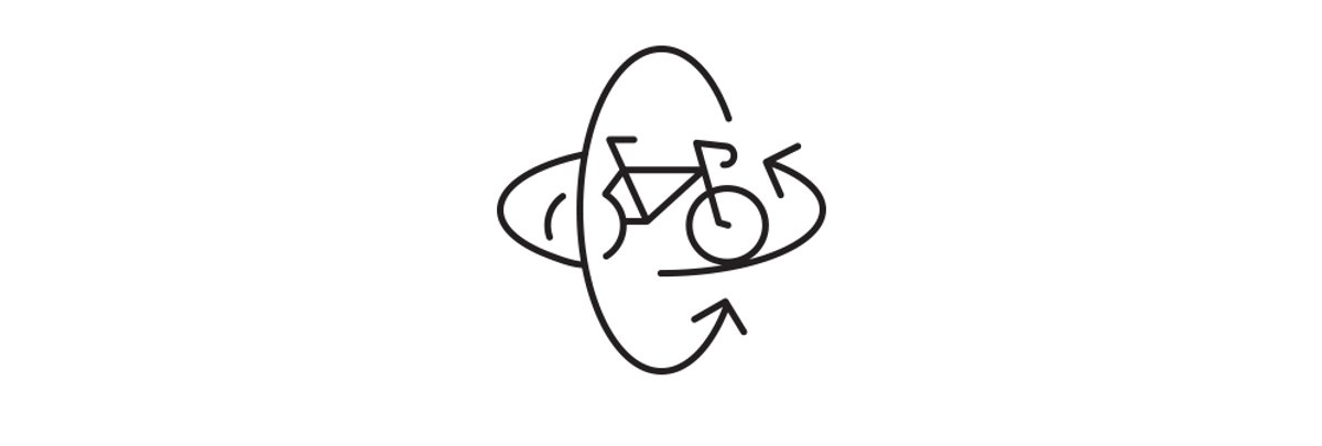 A line drawing of a bicycle, with two circular arrows surrounding it.