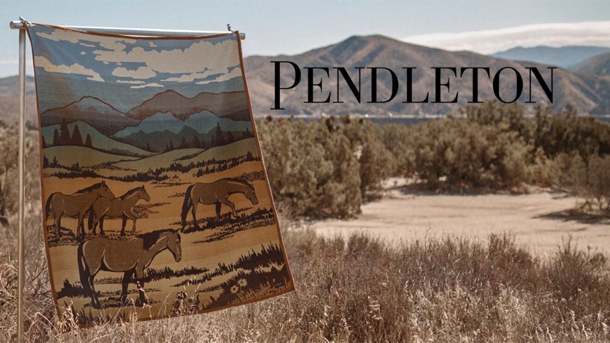 A colorful Pendleton blanket featuring a landscape of horses and mountains is displayed outdoors against a desert backdrop.