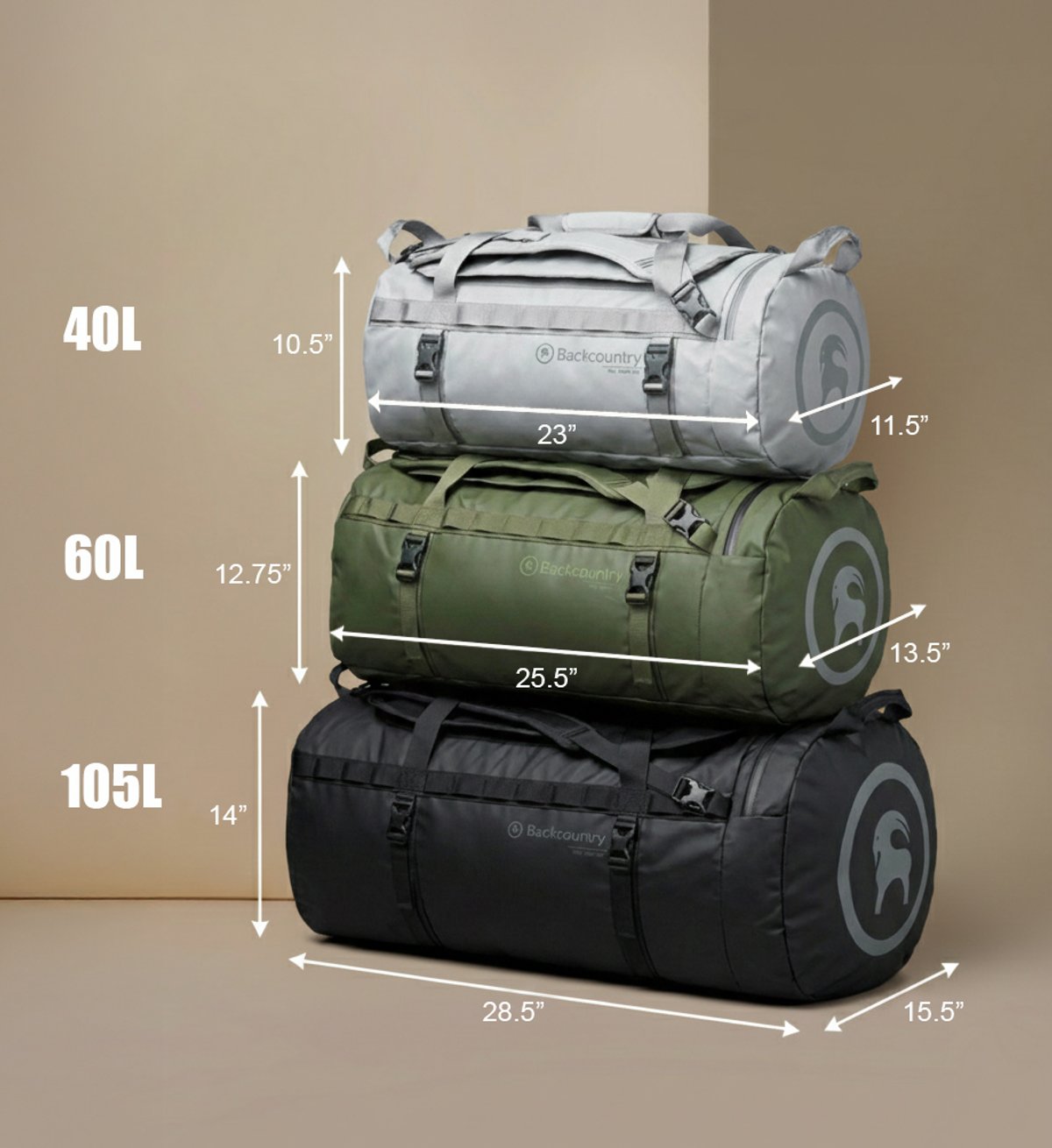 Three sizes of Backcountry duffel bag shown stacked for size comparison