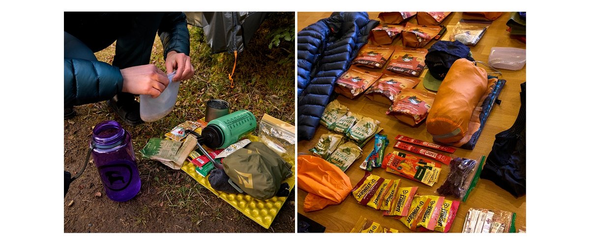 Two images of appear side by side. The first shows a hiker getting ready for a meal. The second shows a lay-flat of hiking gear on a table.
