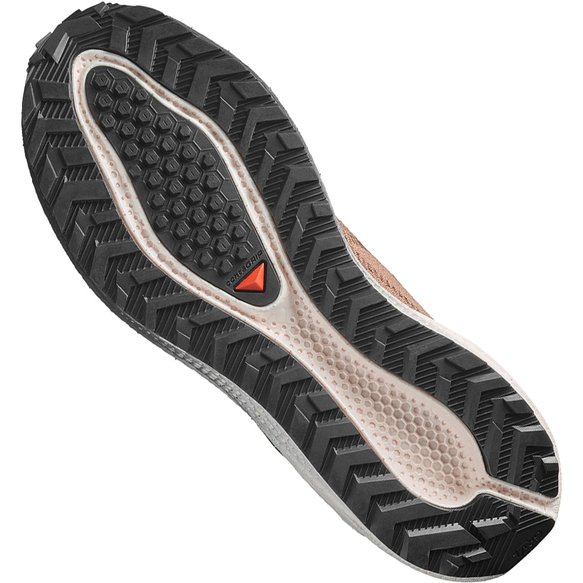 Flat-lay outsole view of Salomon Aero Blaze 4 GRVL Running Shoe showing Gravel ContaGRIP tread pattern and lug geometry