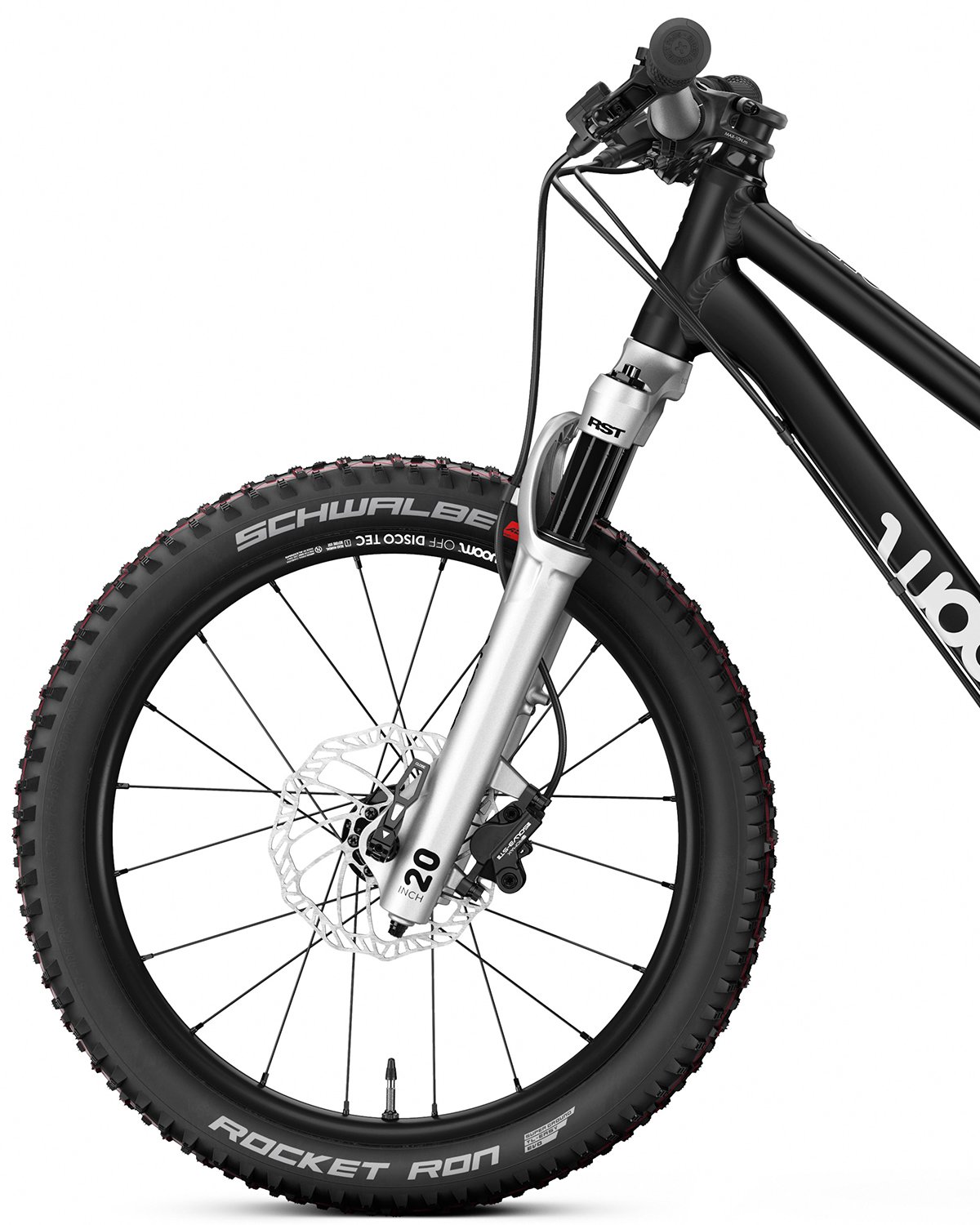 Side profile image of black Woom Off Air mountain bike with air suspension fork.